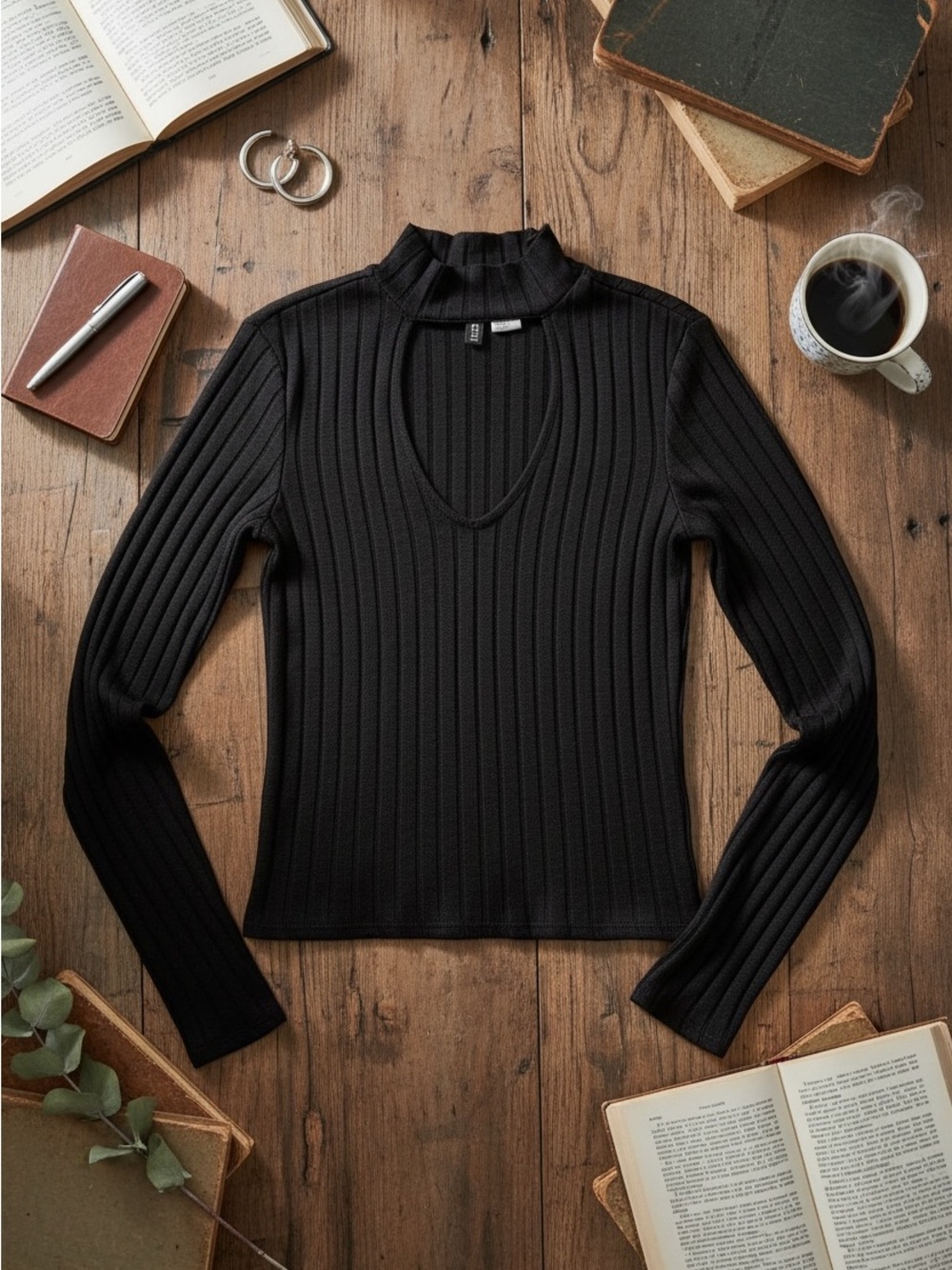 Divided Black Ribbed Long Sleeve V-Neck Top